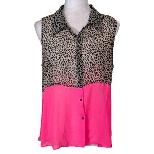 Women’s Neon Pink Colorblock Leopard Print Sleeveless Chiffon Blouse Size XL